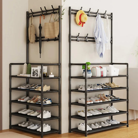 Suport Dublu 2 în 1 Cuier și Pantofar, 6 Polițe, Metal Dur și Rezistent 96x28x162 cm