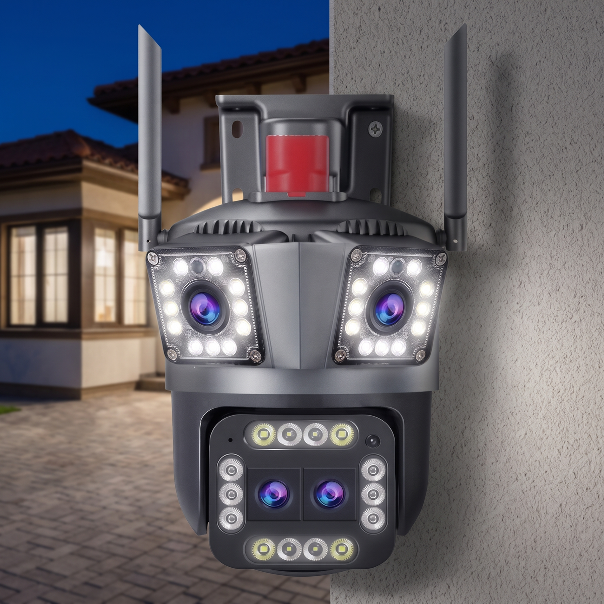 Cameră de Supraveghere WiFi Triplă, 4 Lentile 4MP, Zoom 5X, Rotativă, Vedere Color Noaptea, IP66, pentru Casă, Curte și Magazin