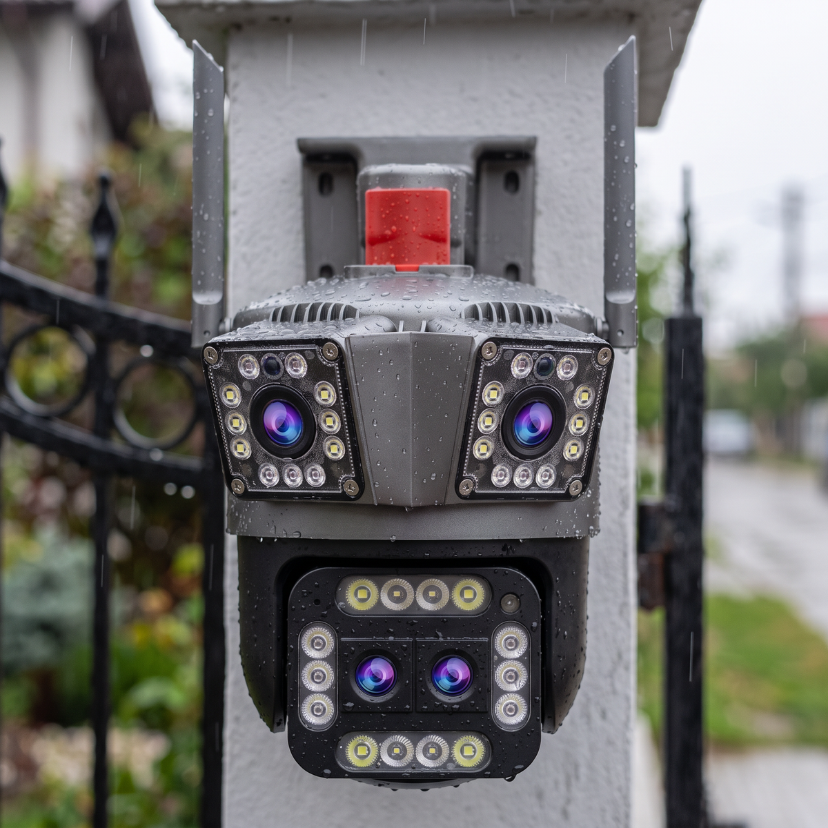Cameră de Supraveghere WiFi Triplă, 4 Lentile 4MP, Zoom 5X, Rotativă, Vedere Color Noaptea, IP66, pentru Casă, Curte și Magazin