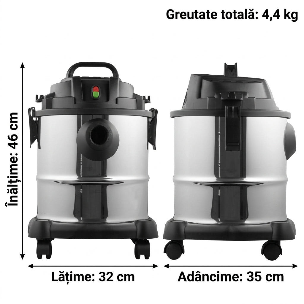 Aspirator Dust Master Umed și Uscat 2000W, Cuvă Inox 25 L, Funcție de Suflare, pentru Curățenie Rapidă în Casă, Garaj, Mașină și Atelier