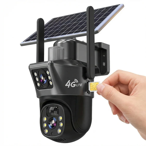 Camera Supraveghere Dual Lens VISURON™ 4K 8MP, 4G SIM / Vedere Nocturnă Color, Urmărire AI, V380 Pro, Negru