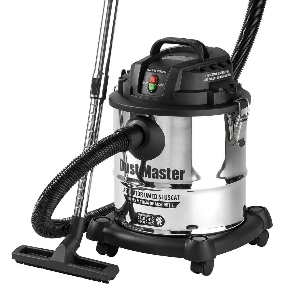 Aspirator Dust Master Umed și Uscat 2000W, Cuvă Inox 25 L, Funcție de Suflare, pentru Curățenie Rapidă în Casă, Garaj, Mașină și Atelier