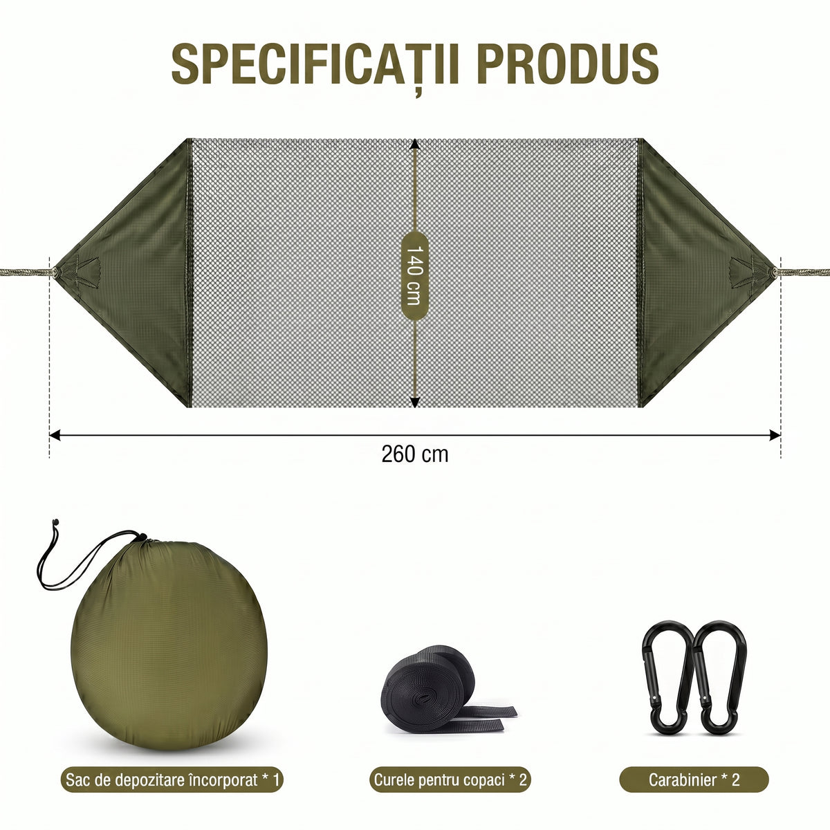 Hamac Camping Profesional  3-în-1 cu Plasă Anti-Țânțari Integrată, 240x160 cm Ultra-Ușor, Capacitate 300kg