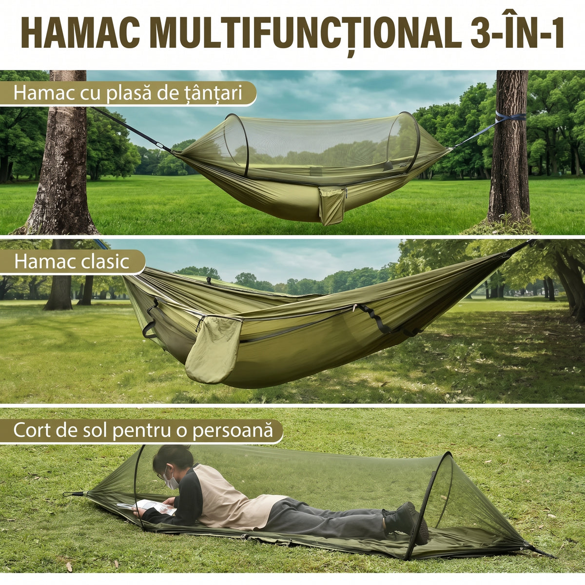Hamac Camping Profesional  3-în-1 cu Plasă Anti-Țânțari Integrată, 240x160 cm Ultra-Ușor, Capacitate 300kg