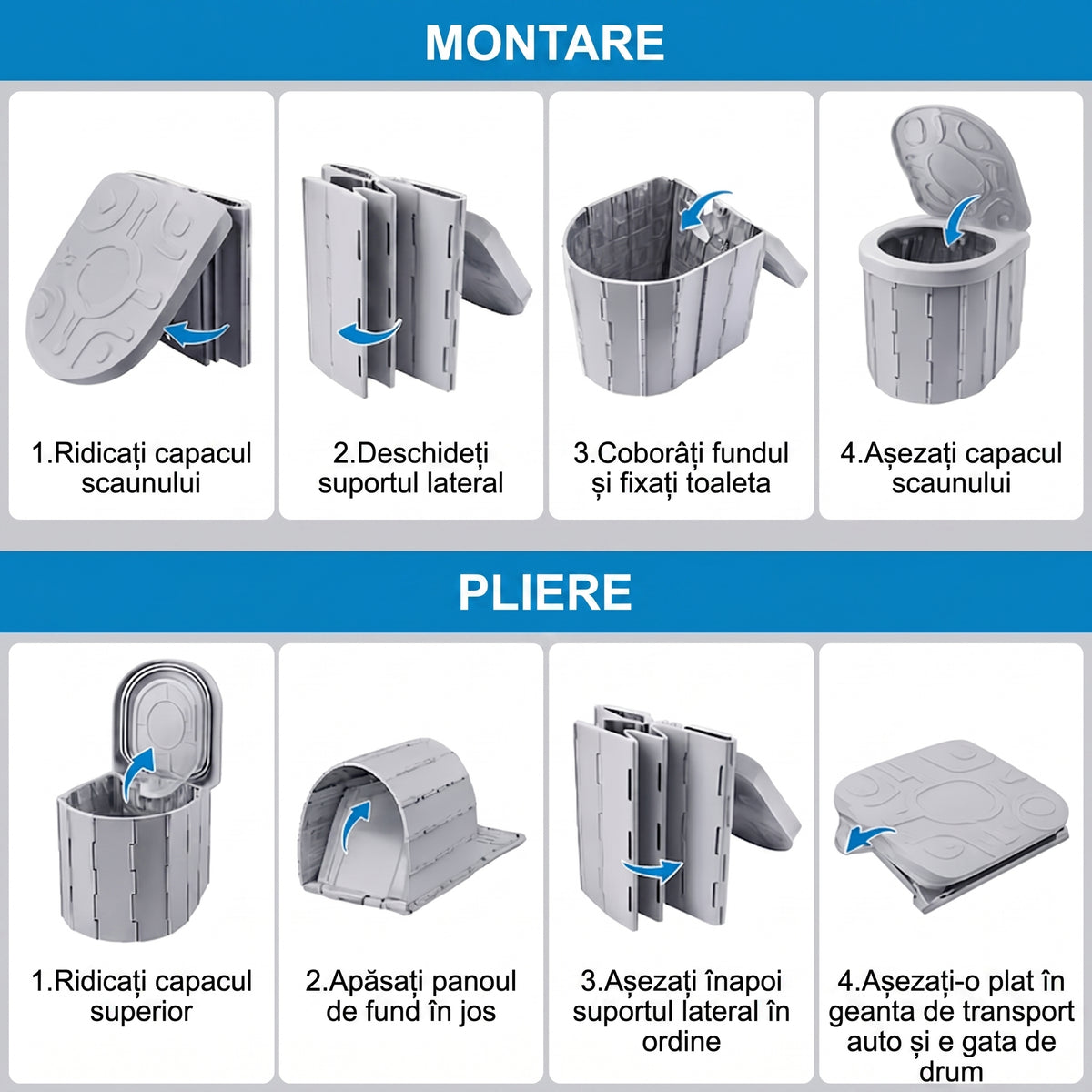 Toaletă Portabilă Pliabilă din ABS, capacitate 200 kg, Camping și Drumeții, include 12 saci + 12 pastile pentru igienizare.