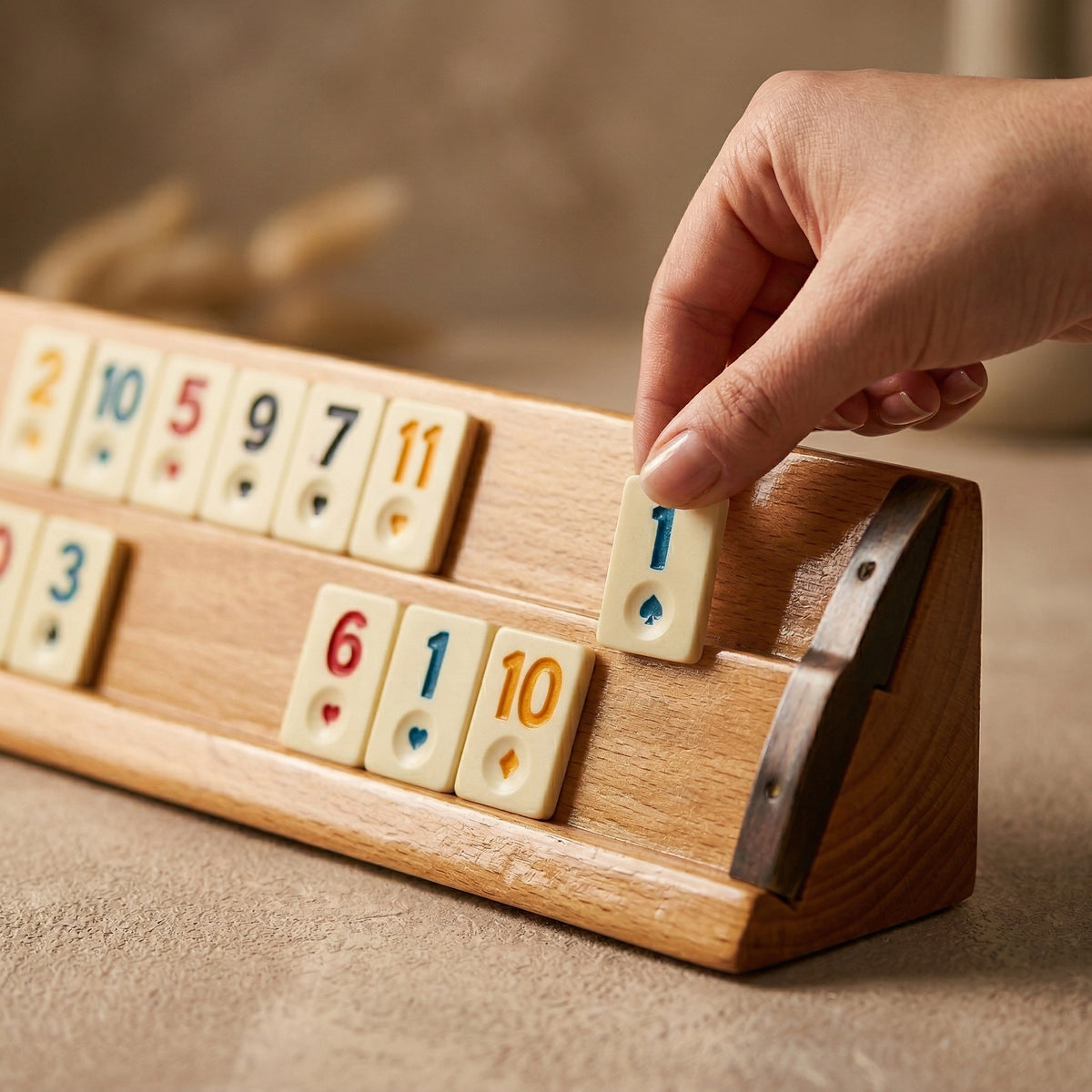 Joc Remi Rummy Kervan din Lemn Masiv, 104 Piese din Praf de Piatră, 4 Table de Joc Lăcuite, Premium