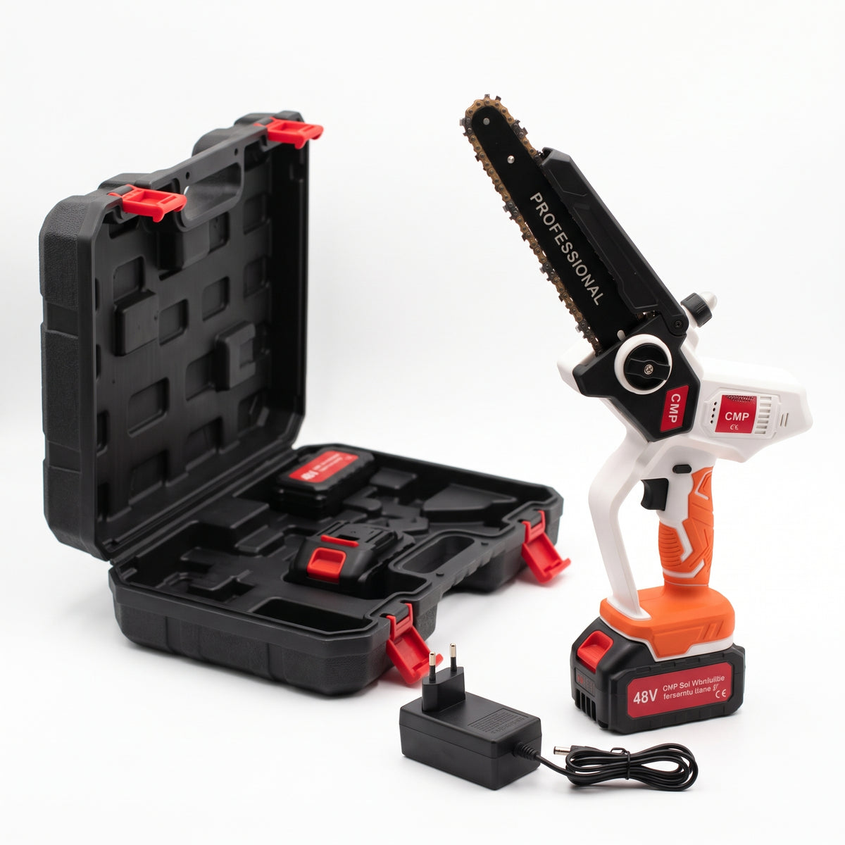 Mini Drujbă Campion Professional CMP1698A cu Acumulator 48V, 2 Acumulatori 8Ah, Lamă 20 cm, Ungere Automată, pentru Toaletat Pomi și Lemne de Foc