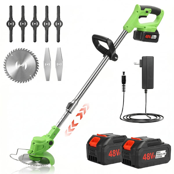 Motocositoare Electrică Campion, Sistem Fără Fir, 2 Acumulatori 48V, Tijă Telescopică, Set Complet Accesorii Tăiere, Verde