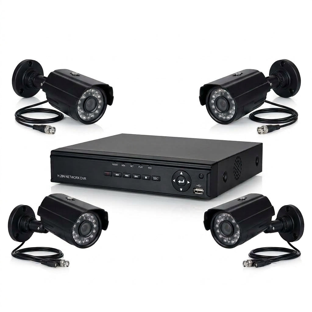 Kit Supraveghere Video CCTV 4 Camere cu DVR, Exterior/Interior IP67, Carcasă Metalică - Monitorizare live pe telefon pentru siguranța casei tale