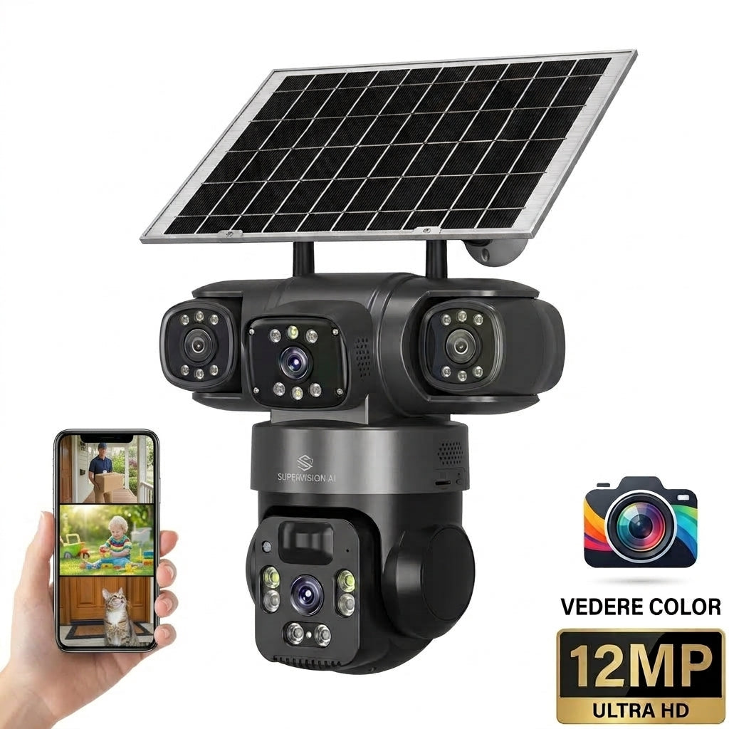 Cameră Triplă Supraveghere V380 Pro 4G Solară - 12MP, 3 Lentile, Vedere Color, Detecție Umană, Alarmă si Audio Bidirecțional