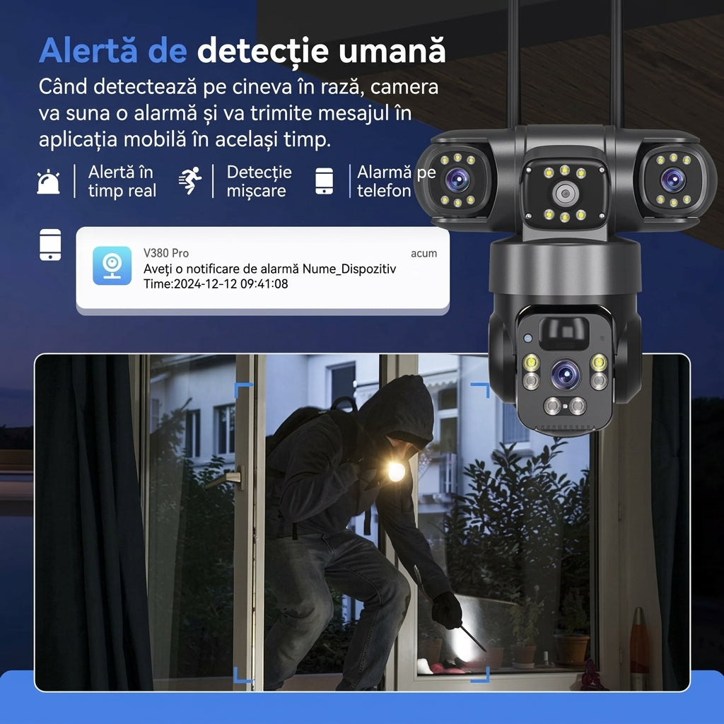 Cameră Triplă Supraveghere V380 Pro 4G Solară - 12MP, 3 Lentile, Vedere Color, Detecție Umană, Alarmă si Audio Bidirecțional