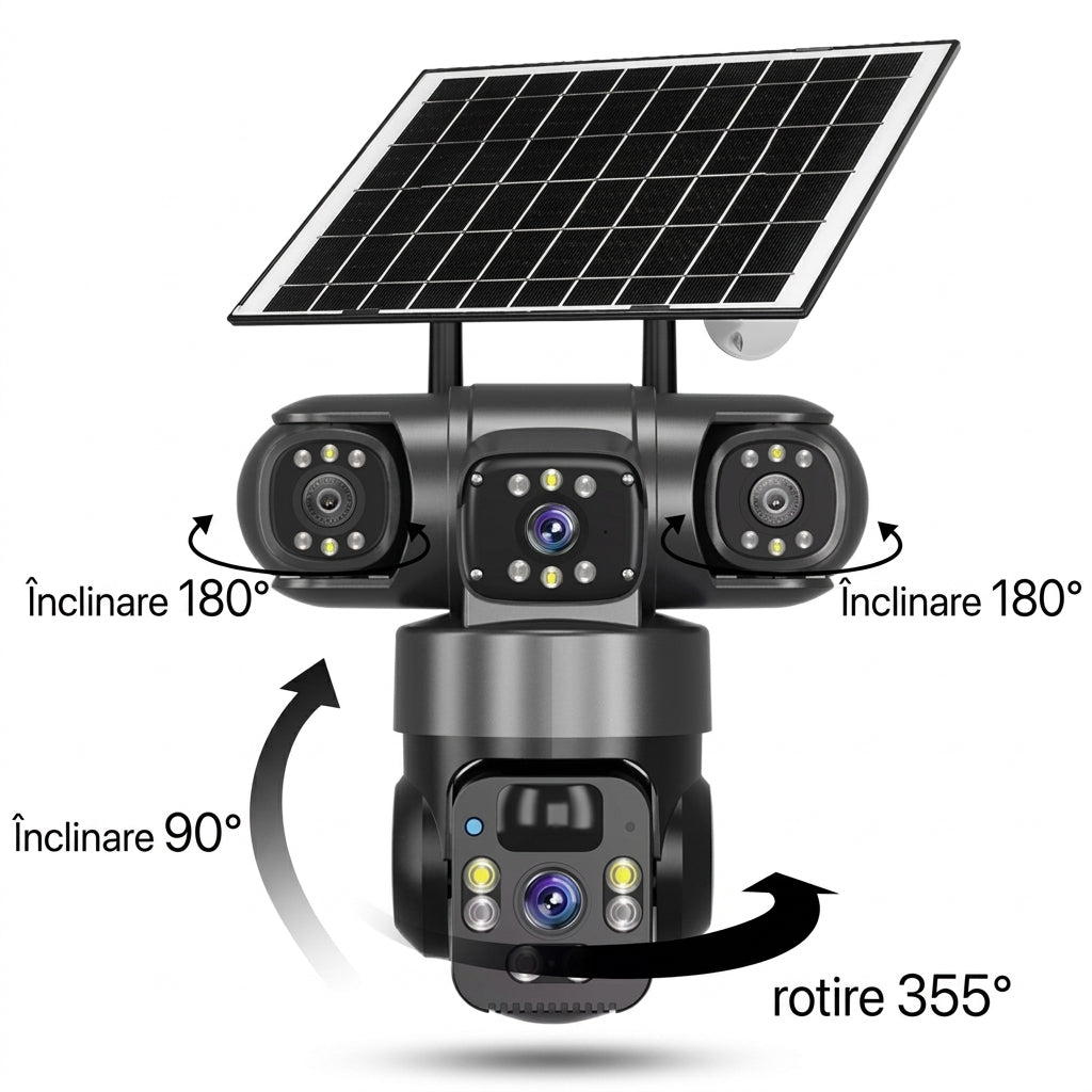 Cameră Triplă Supraveghere V380 Pro 4G Solară - 12MP, 3 Lentile, Vedere Color, Detecție Umană, Alarmă si Audio Bidirecțional