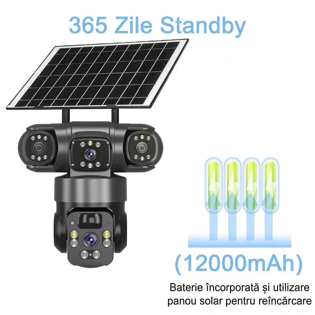 Cameră Triplă Supraveghere V380 Pro 4G Solară - 12MP, 3 Lentile, Vedere Color, Detecție Umană, Alarmă si Audio Bidirecțional