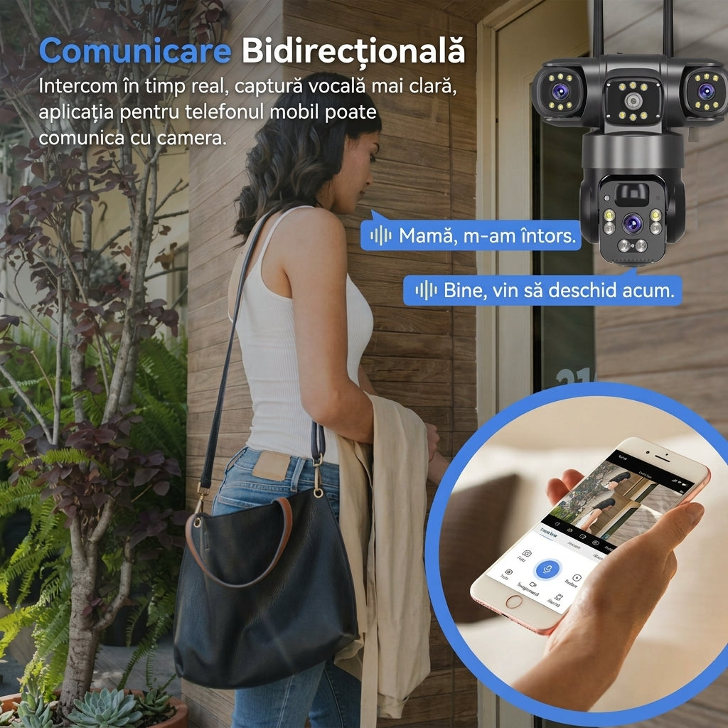Cameră Triplă Supraveghere V380 Pro 4G Solară - 12MP, 3 Lentile, Vedere Color, Detecție Umană, Alarmă si Audio Bidirecțional