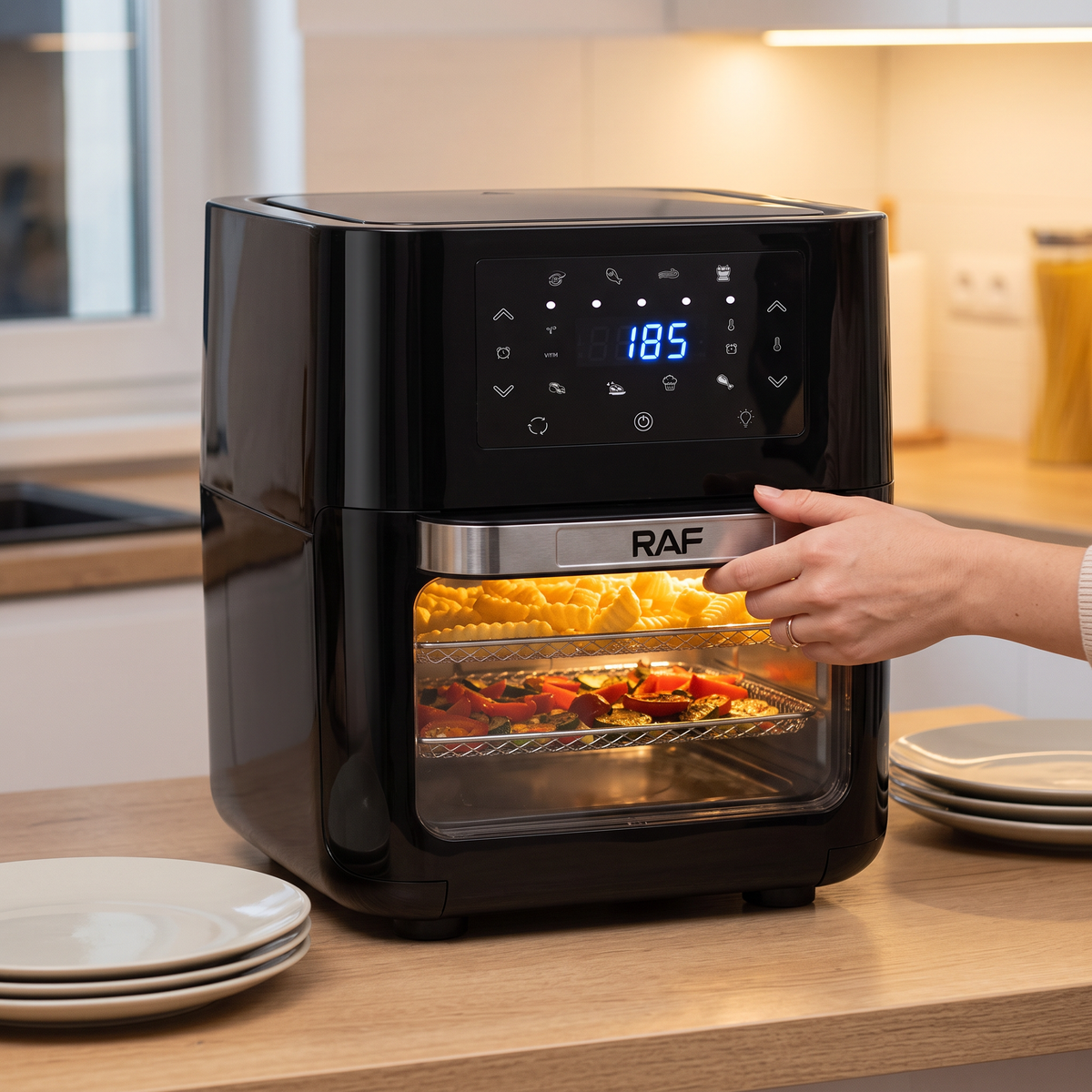 Air Fryer RAF R-5293, Friteuză cu Aer Cald 12 L și 1700W, 2 Grătare și Rotisor, pentru Preparate Crocante cu Puțin Ulei