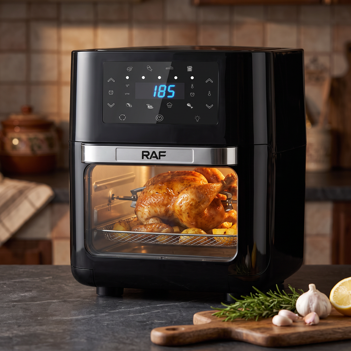 Air Fryer RAF R-5293, Friteuză cu Aer Cald 12 L și 1700W, 2 Grătare și Rotisor, pentru Preparate Crocante cu Puțin Ulei
