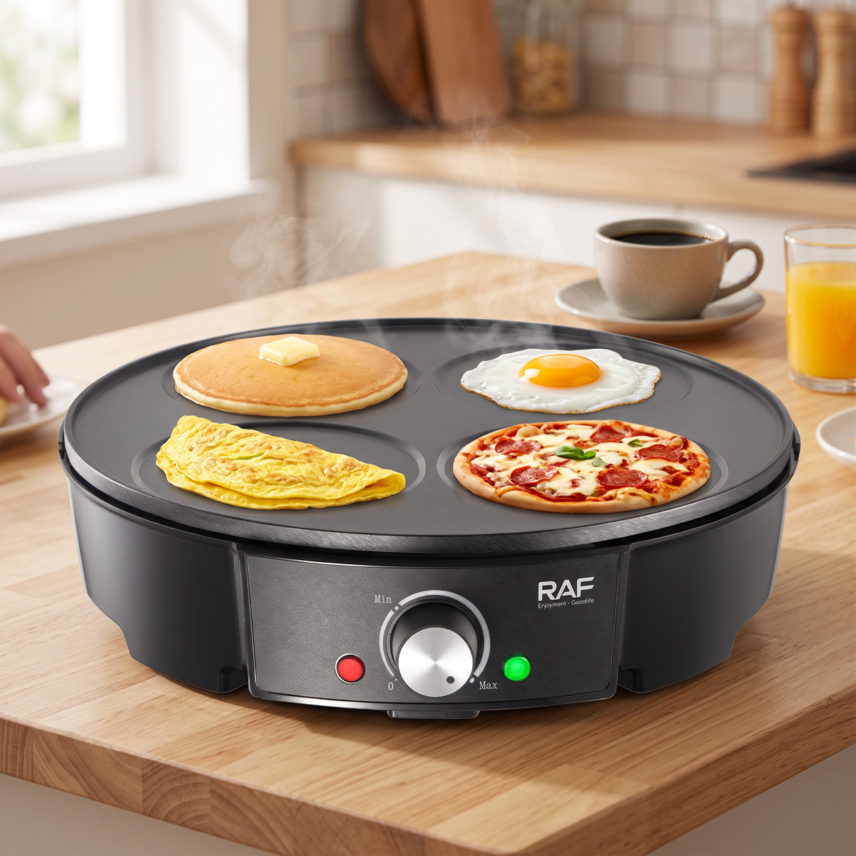 Aparat Electric RAF R2508 pentru Clătite Americane, 1200W, Placă Antiaderentă 30 cm cu 4 Forme, pentru Ouă, Omlete și Mic Dejun Rapid Acasă