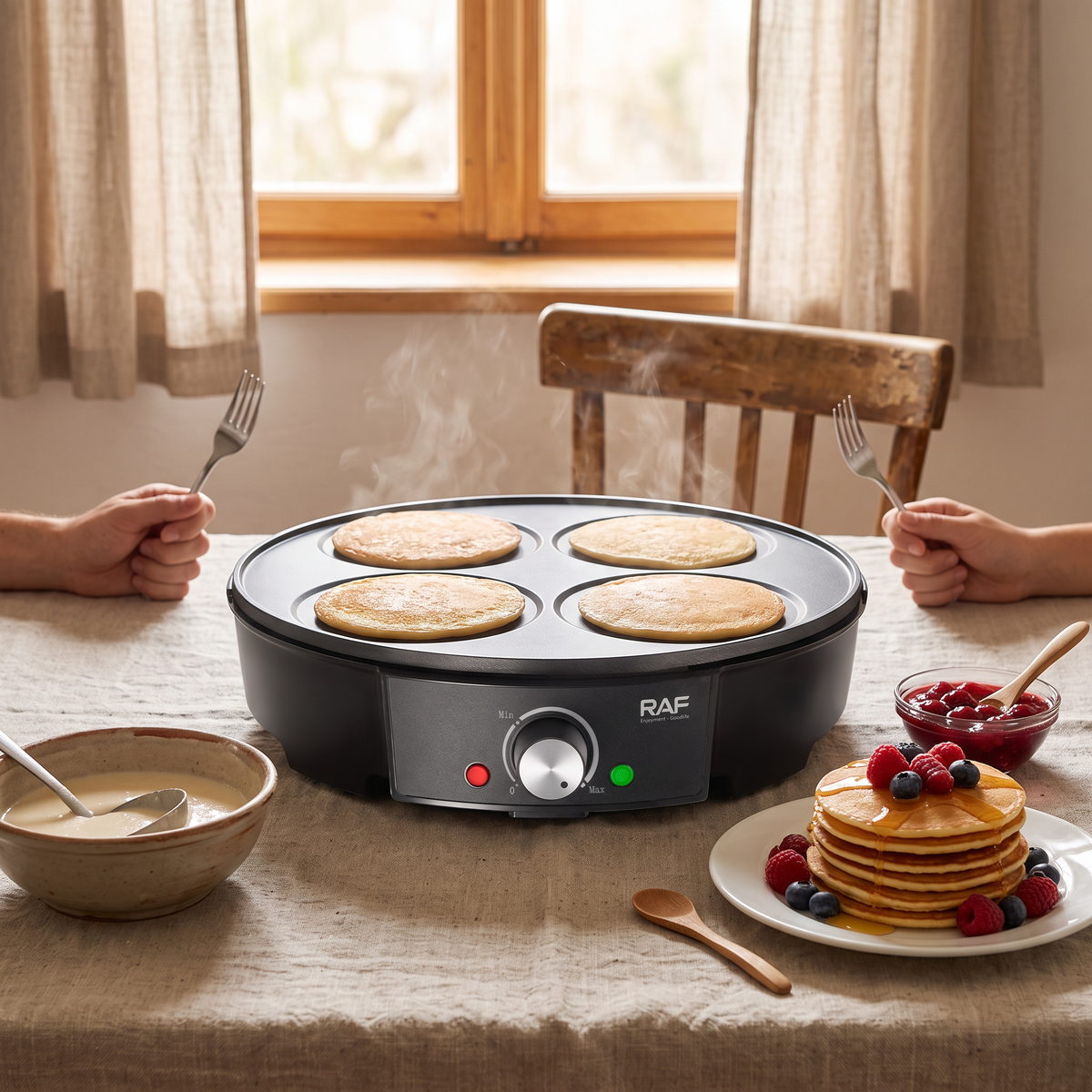 Aparat Electric RAF R2508 pentru Clătite Americane, 1200W, Placă Antiaderentă 30 cm cu 4 Forme, pentru Ouă, Omlete și Mic Dejun Rapid Acasă