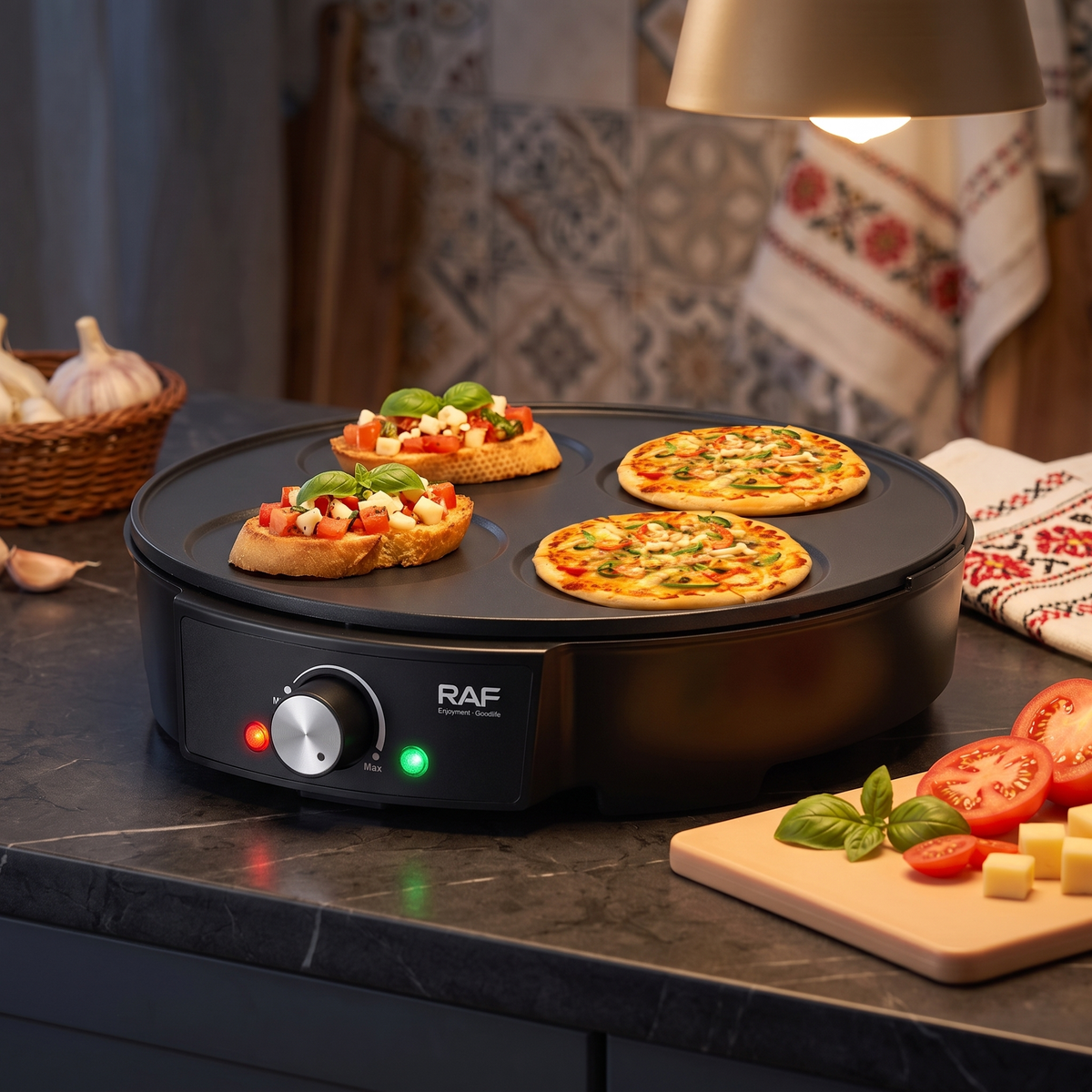 Aparat Electric RAF R2508 pentru Clătite Americane, 1200W, Placă Antiaderentă 30 cm cu 4 Forme, pentru Ouă, Omlete și Mic Dejun Rapid Acasă