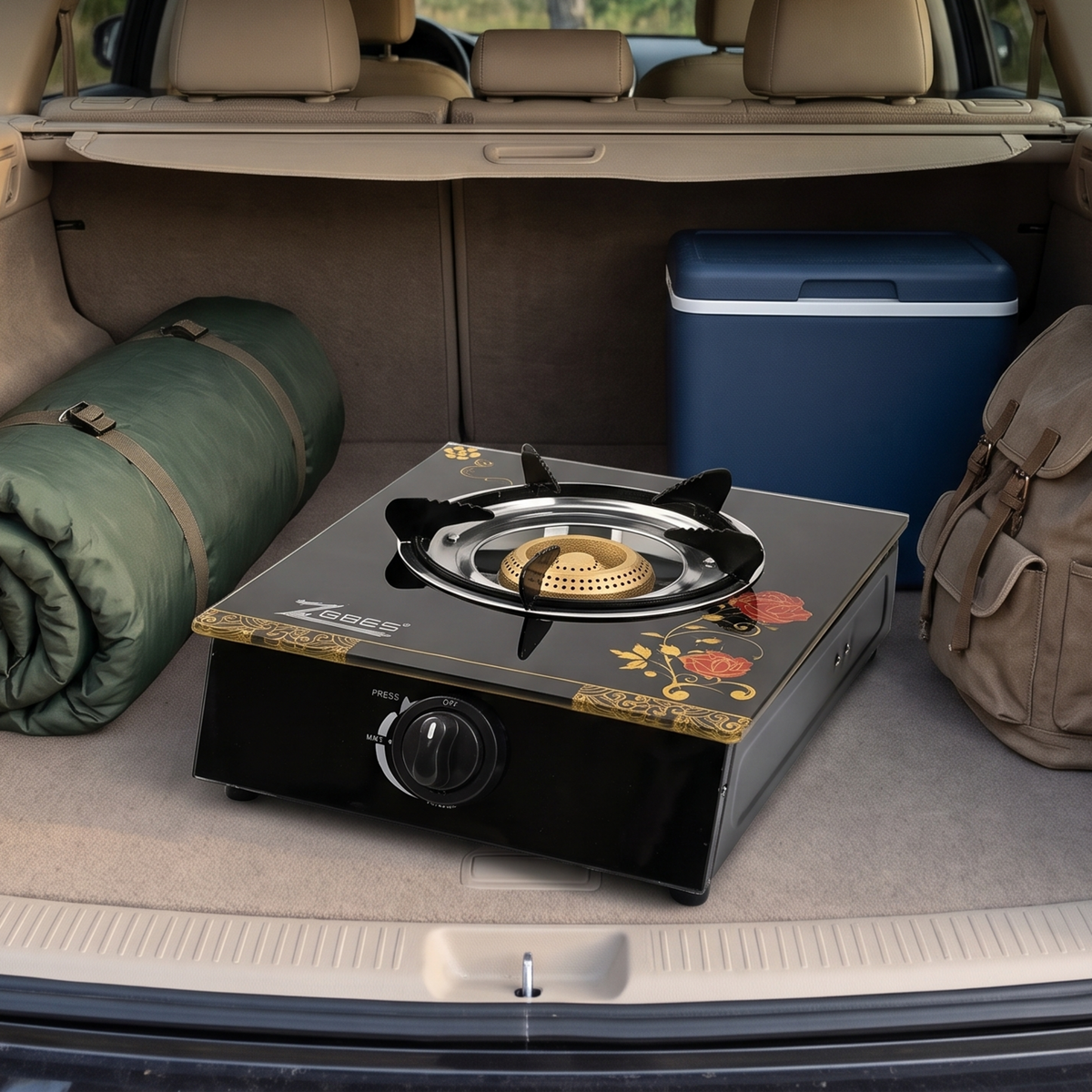 Aragaz Portabil cu 1 Arzător, Blat din Sticlă și Grătar din Oțel, Aprindere Automată, pentru Camping, Rulotă și Bucătării Mici