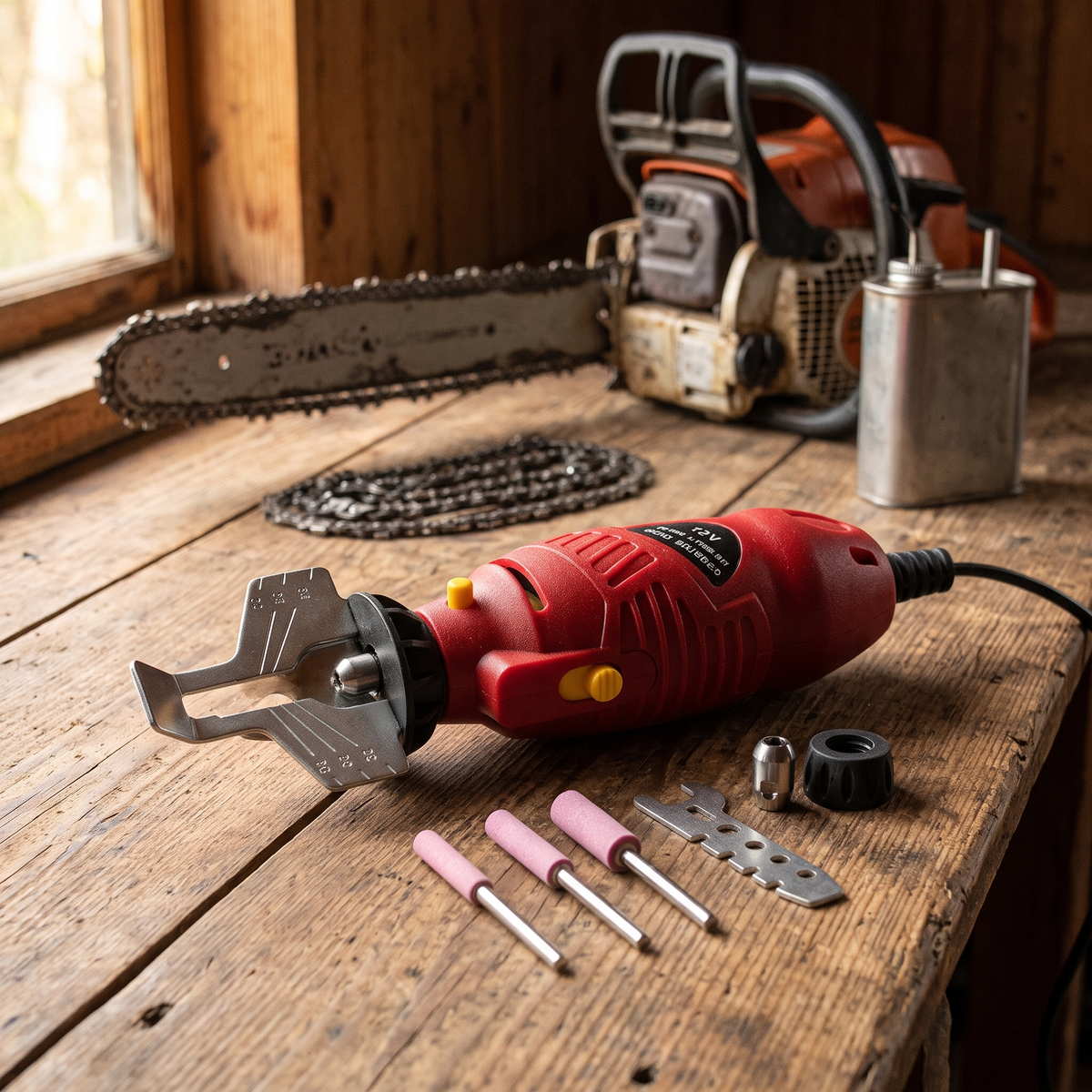Ascuțitor Electric CRAFT-TEC MX602 pentru Lanț de Drujbă, 12V 130W, 3 Pietre 4/4,8/5,5 mm, Ghidaj de Unghi, pentru Ascuțire Rapidă Acasă și în Pădure