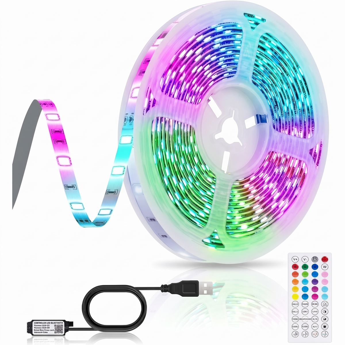 Bandă LED RGB LuckyLED 10 m, Autoadezivă, USB, Control prin Aplicație Bluetooth și Telecomandă, Sincronizare cu Muzica, pentru Cameră și Gaming