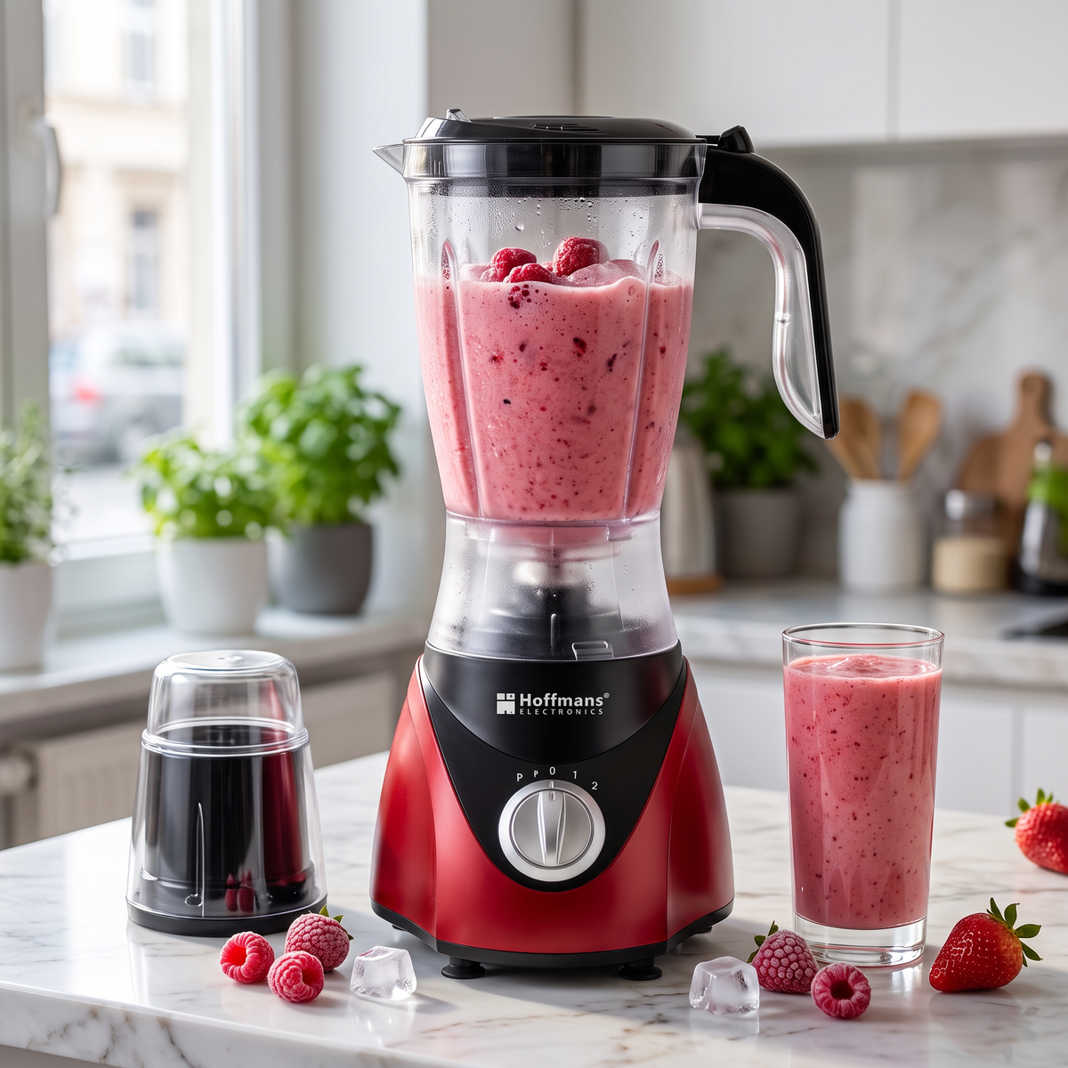 Blender Hoffmans HM-2101 2 în 1 cu Râșniță, 600W, Vas 1,5 L, pentru Smoothie, Supe Cremă și Cafea Proaspăt Măcinată