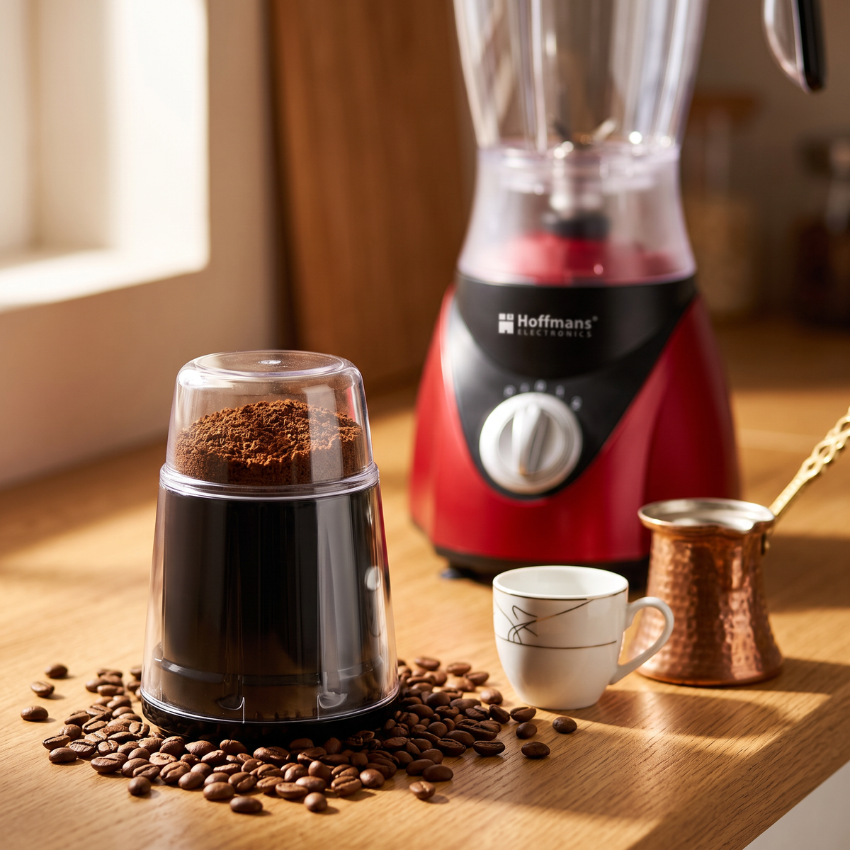 Blender Hoffmans HM-2101 2 în 1 cu Râșniță, 600W, Vas 1,5 L, pentru Smoothie, Supe Cremă și Cafea Proaspăt Măcinată