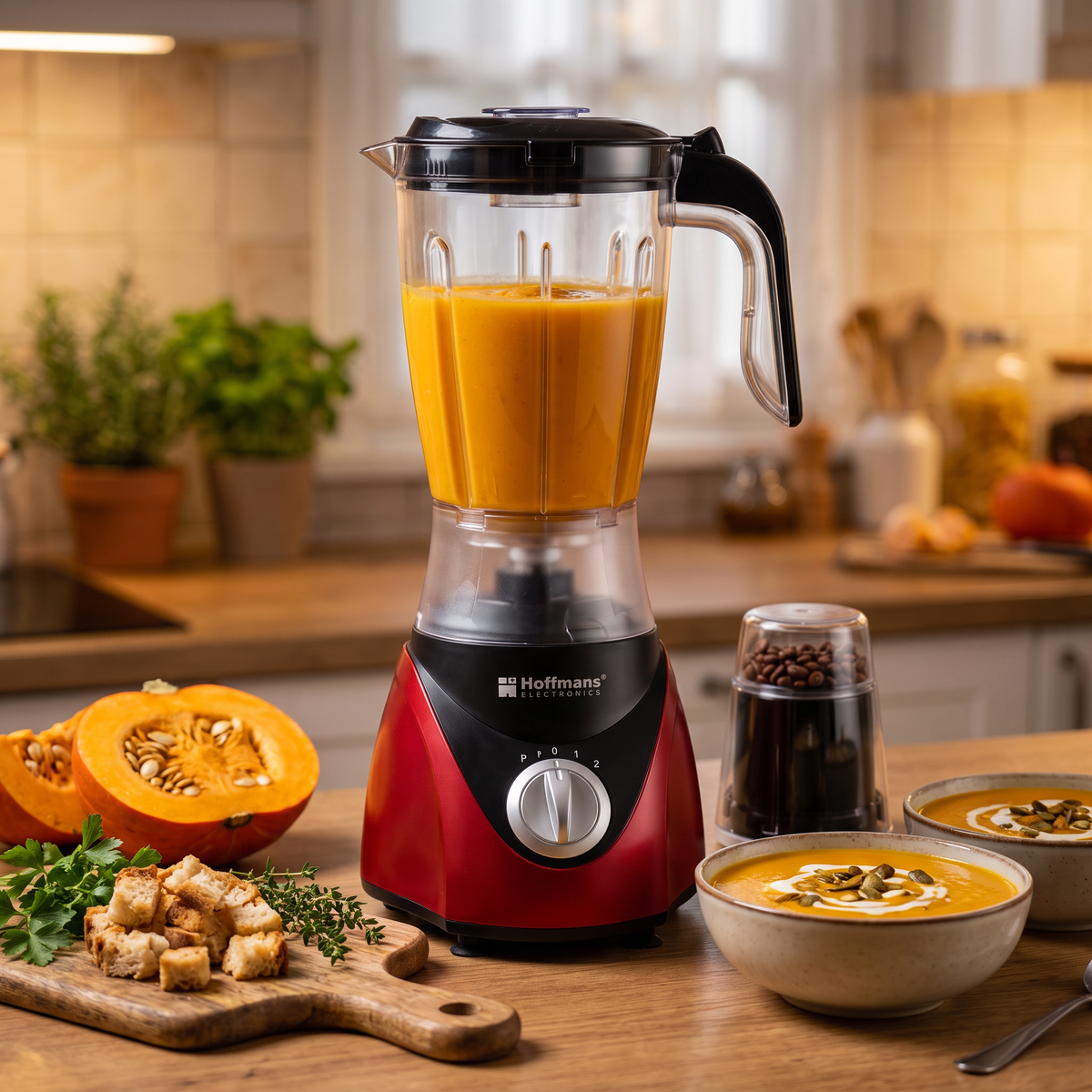 Blender Hoffmans HM-2101 2 în 1 cu Râșniță, 600W, Vas 1,5 L, pentru Smoothie, Supe Cremă și Cafea Proaspăt Măcinată