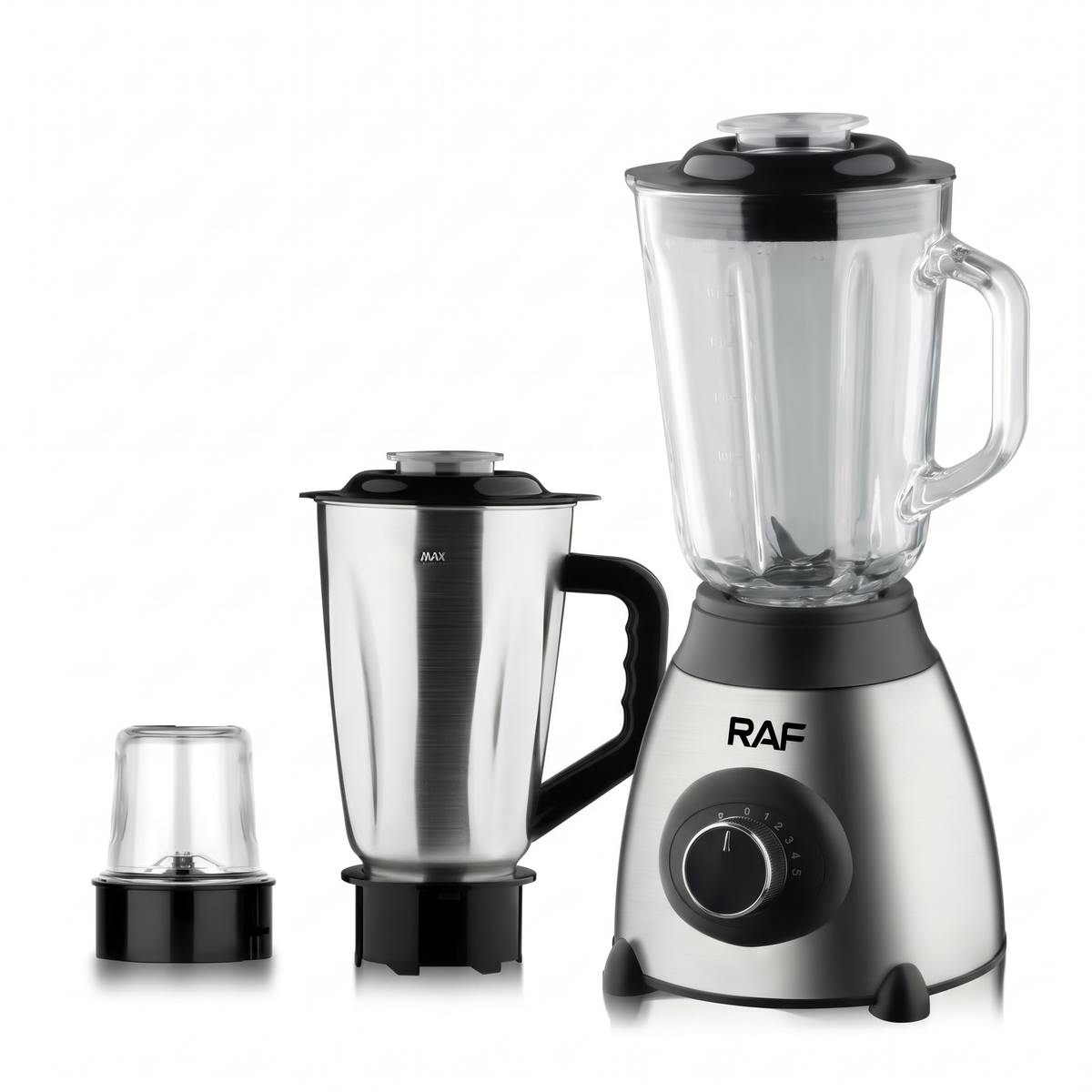 Blender Electric RAF 3 în 1, 1000W, Vas din Sticlă 1,5 L, Bol Inox și Râșniță, pentru Smoothie, Sosuri și Cafea Proaspăt Măcinată