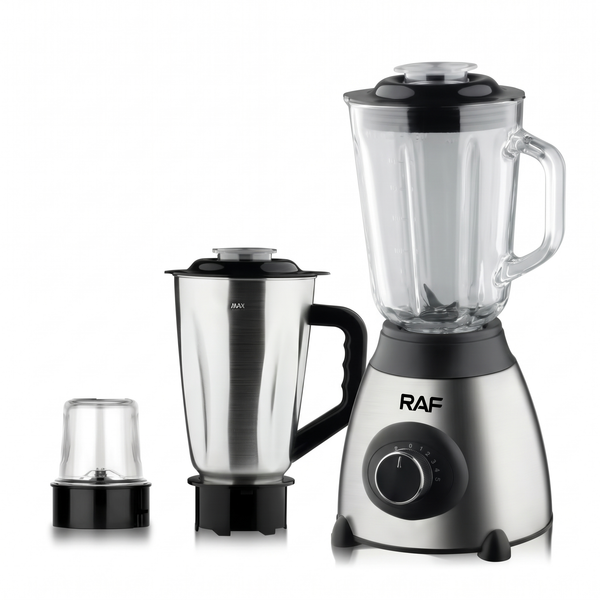 Blender Electric RAF 3 în 1, 1000W, Vas din Sticlă 1,5 L, Bol Inox și Râșniță, pentru Smoothie, Sosuri și Cafea Proaspăt Măcinată