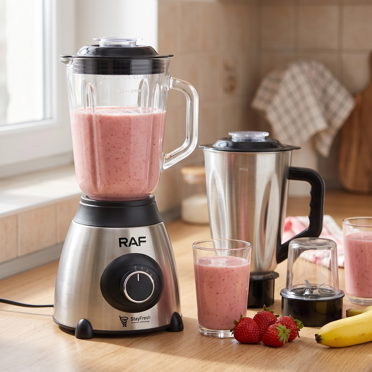 Blender Electric RAF 3 în 1, 1000W, Vas din Sticlă 1,5 L, Bol Inox și Râșniță, pentru Smoothie, Sosuri și Cafea Proaspăt Măcinată
