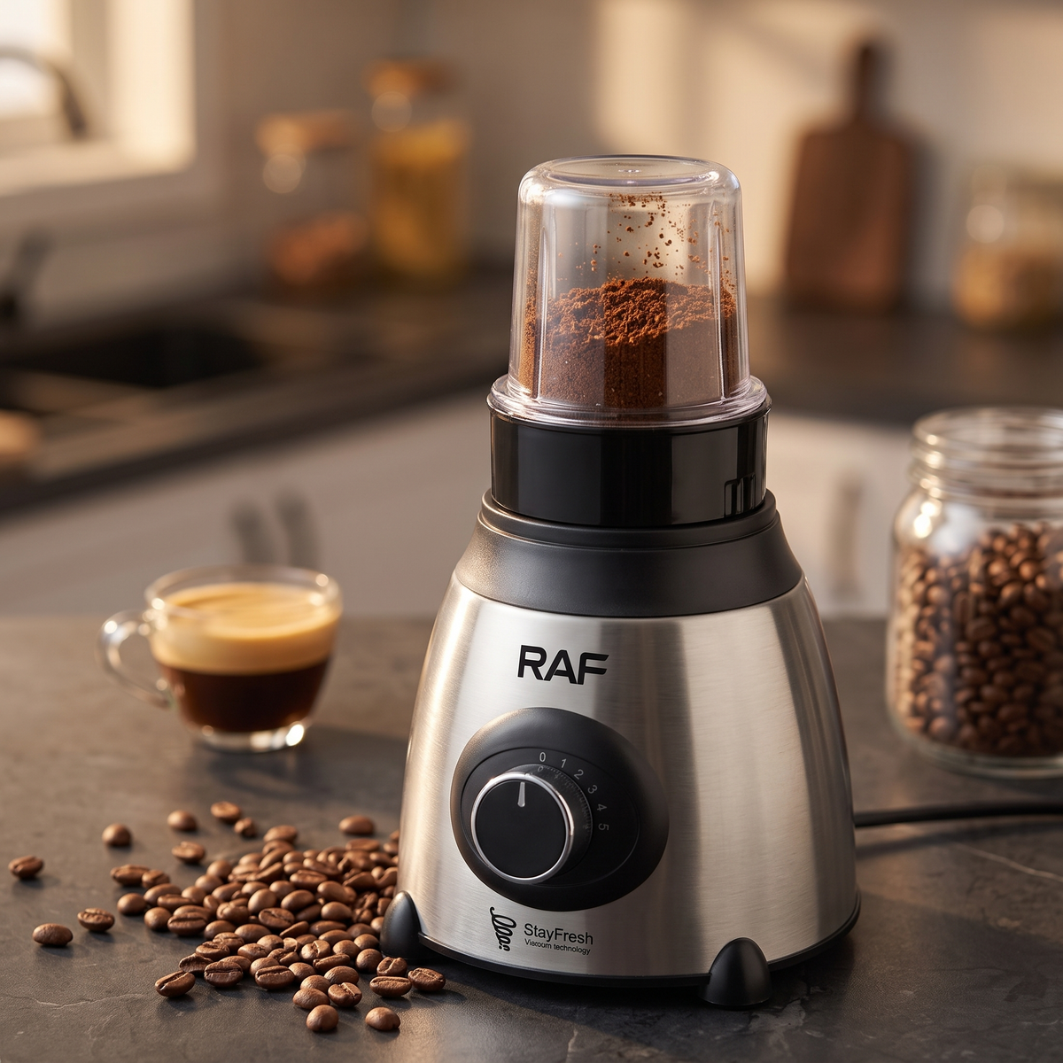 Blender Electric RAF 3 în 1, 1000W, Vas din Sticlă 1,5 L, Bol Inox și Râșniță, pentru Smoothie, Sosuri și Cafea Proaspăt Măcinată