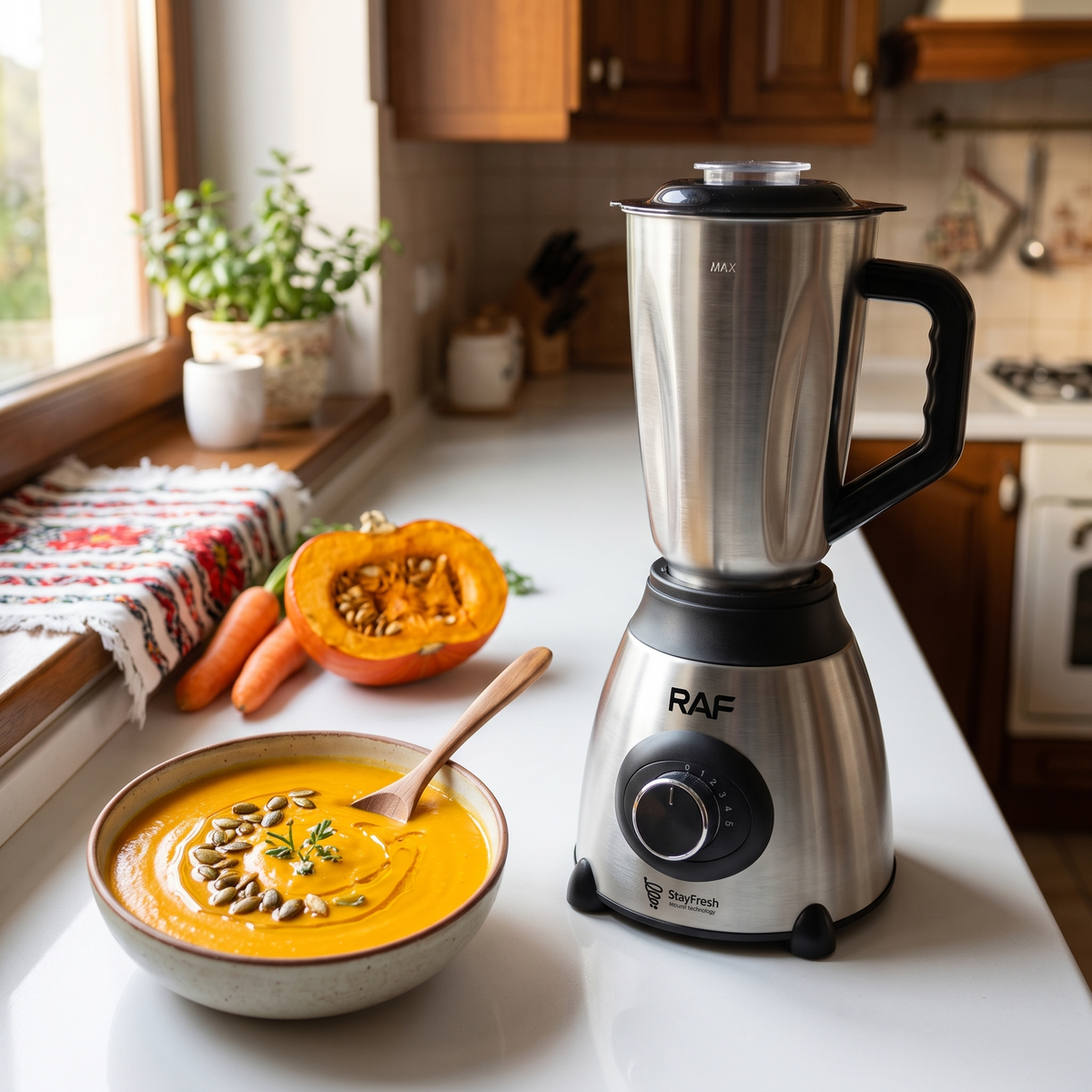 Blender Electric RAF 3 în 1, 1000W, Vas din Sticlă 1,5 L, Bol Inox și Râșniță, pentru Smoothie, Sosuri și Cafea Proaspăt Măcinată