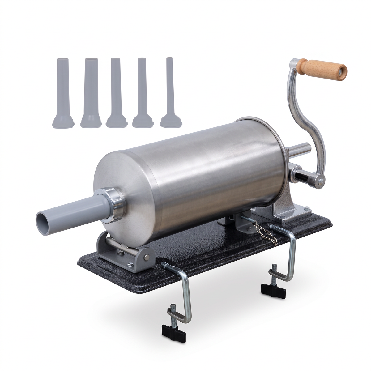 Mașină de Cârnați Campion CMP1169 Orizontală, Cilindru Inox 5 kg, 5 Pâlnii, Sistem Airstop