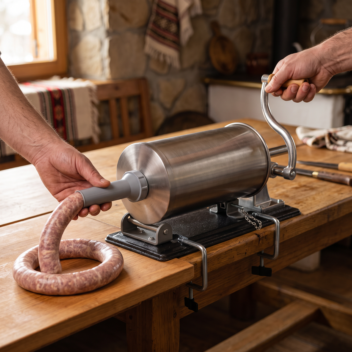 Mașină de Cârnați Campion CMP1169 Orizontală, Cilindru Inox 5 kg, 5 Pâlnii, Sistem Airstop