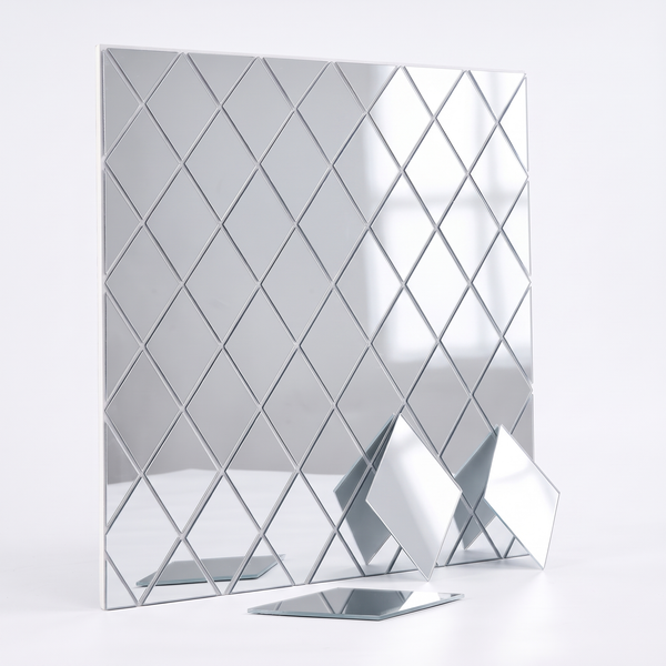 Set 58 Oglinzi Acrilice Autoadezive Romb, 100 x 100 cm, Grosime 3 mm, Bandă 3M, Decor de Perete pentru Living, Dormitor și Baie