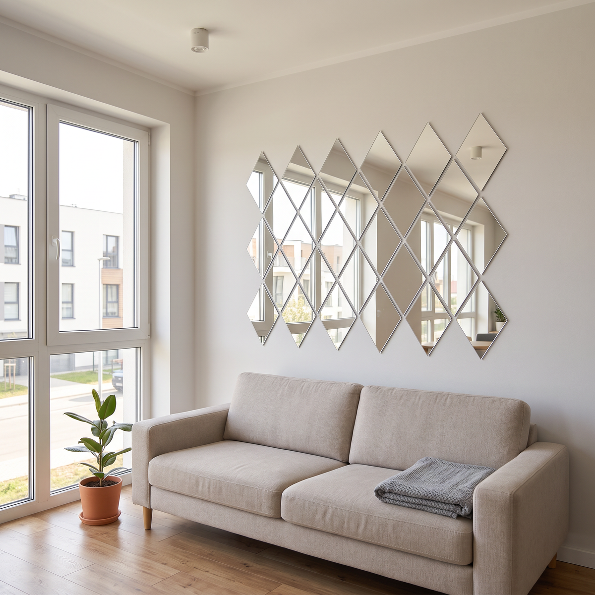 Set 58 Oglinzi Acrilice Autoadezive Romb, 100 x 100 cm, Grosime 3 mm, Bandă 3M, Decor de Perete pentru Living, Dormitor și Baie