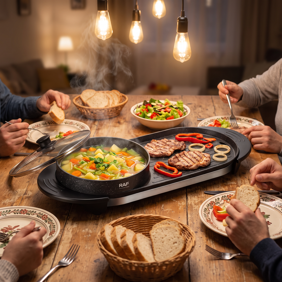 Grill Electric RAF R.5413 2 în 1 cu Oală 2,5 L și Capac, 1800W, 160-220°C, pentru Fripturi, Supe și Mese în Familie
