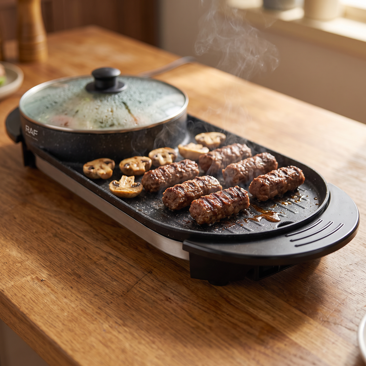 Grill Electric RAF R.5413 2 în 1 cu Oală 2,5 L și Capac, 1800W, 160-220°C, pentru Fripturi, Supe și Mese în Familie