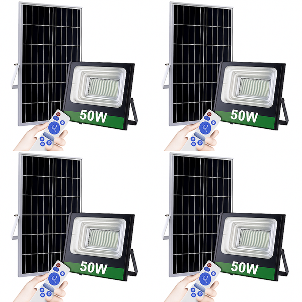 Set 4 Proiectoare Solare Jortan 50w + Panou Solar + Kit Montaj
