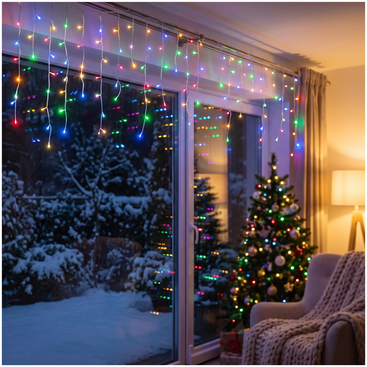 Instalație Franjuri LED 15 m, 500 LED-uri RGB Multicolor, Interconectabilă
