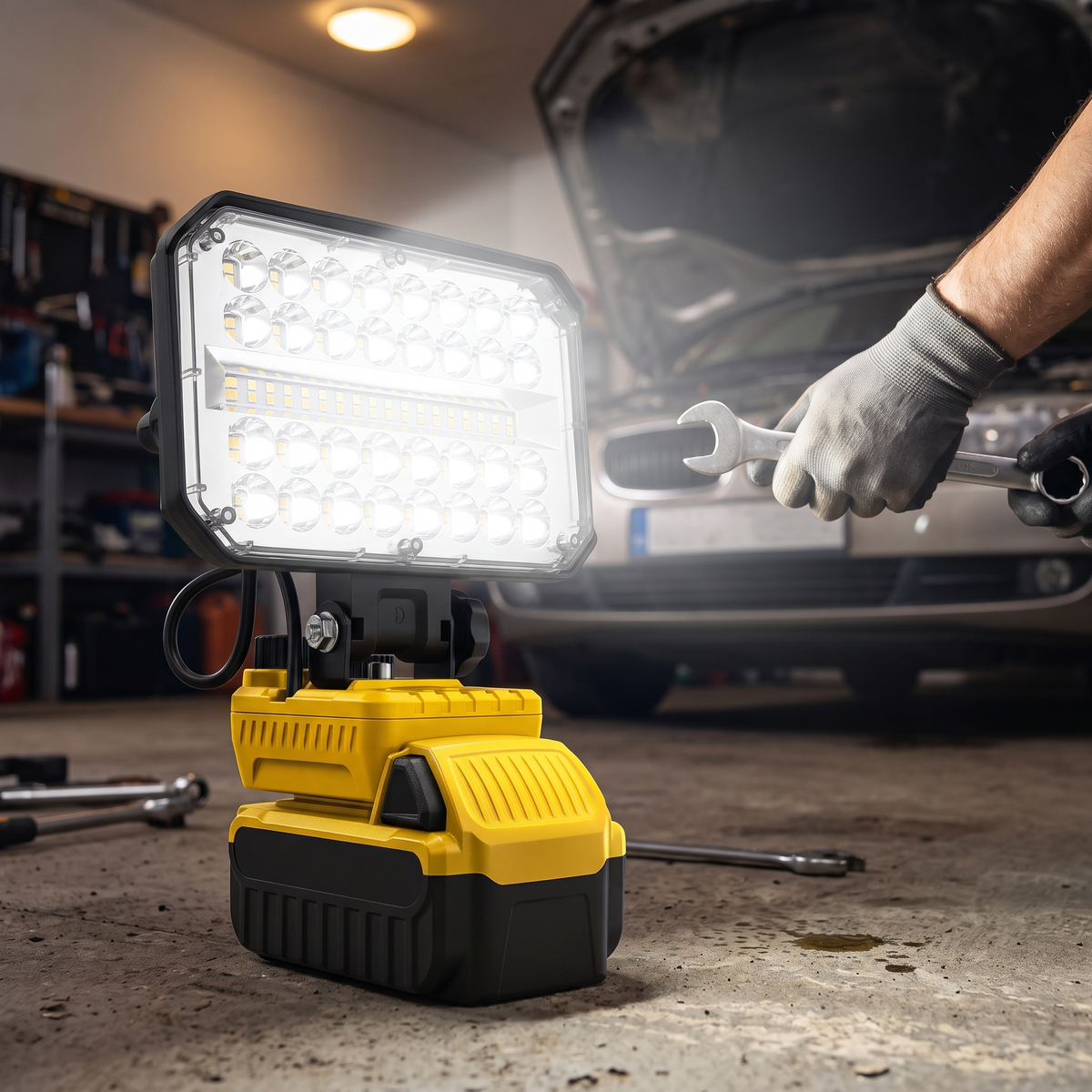 Lampă de Lucru LED cu Acumulator 18V 3500 mAh, 80W, 3800 Lumeni, Lumină Caldă și Rece, Port USB și Type-C, pentru Garaj, Șantier și Pescuit