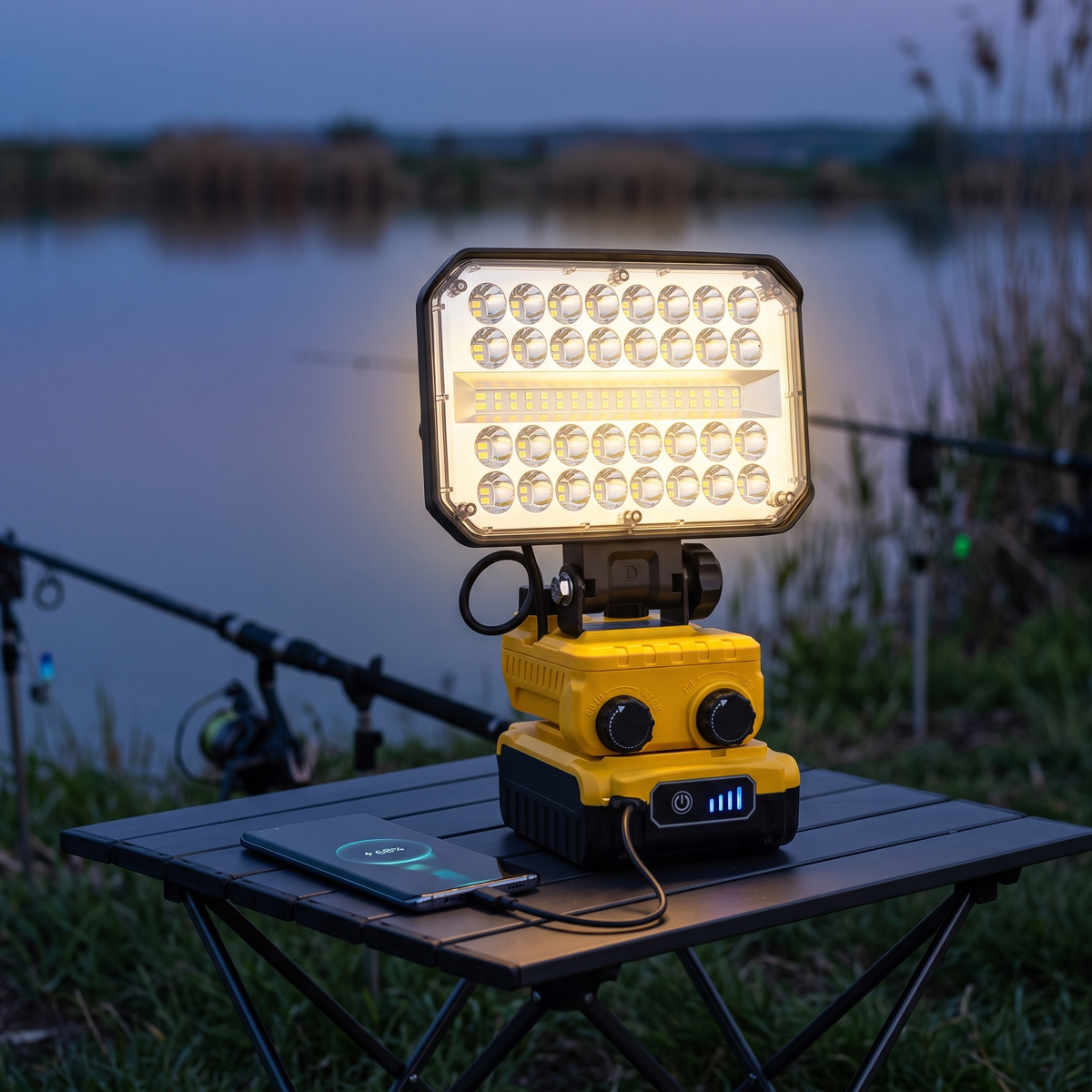 Lampă de Lucru LED cu Acumulator 18V 3500 mAh, 80W, 3800 Lumeni, Lumină Caldă și Rece, Port USB și Type-C, pentru Garaj, Șantier și Pescuit