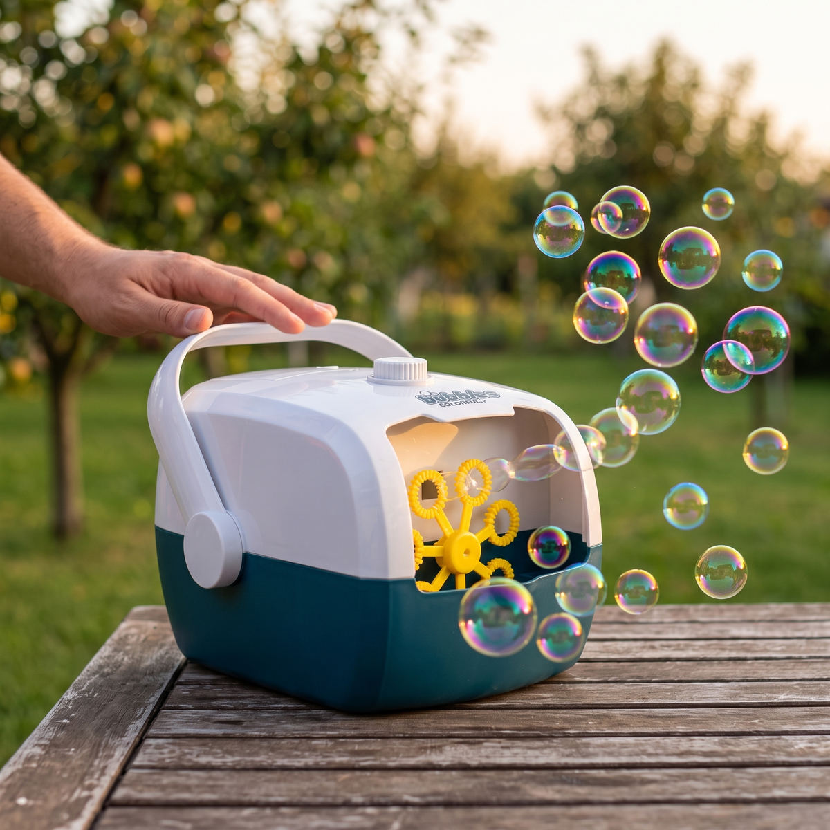 Mașină de Baloane de Săpun Bubbles Colorful, Portabilă cu Mâner, Reîncărcabilă, pentru Petreceri, Grădină și Joacă în Aer Liber