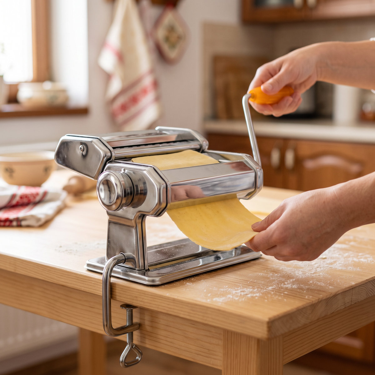 Mașină Manuală de Făcut Paste și Tăiței din Inox, 7 Trepte de Grosime, Lățime 150 mm, cu Fixare pe Masă, pentru Tagliatelle și Lasagna de Casă