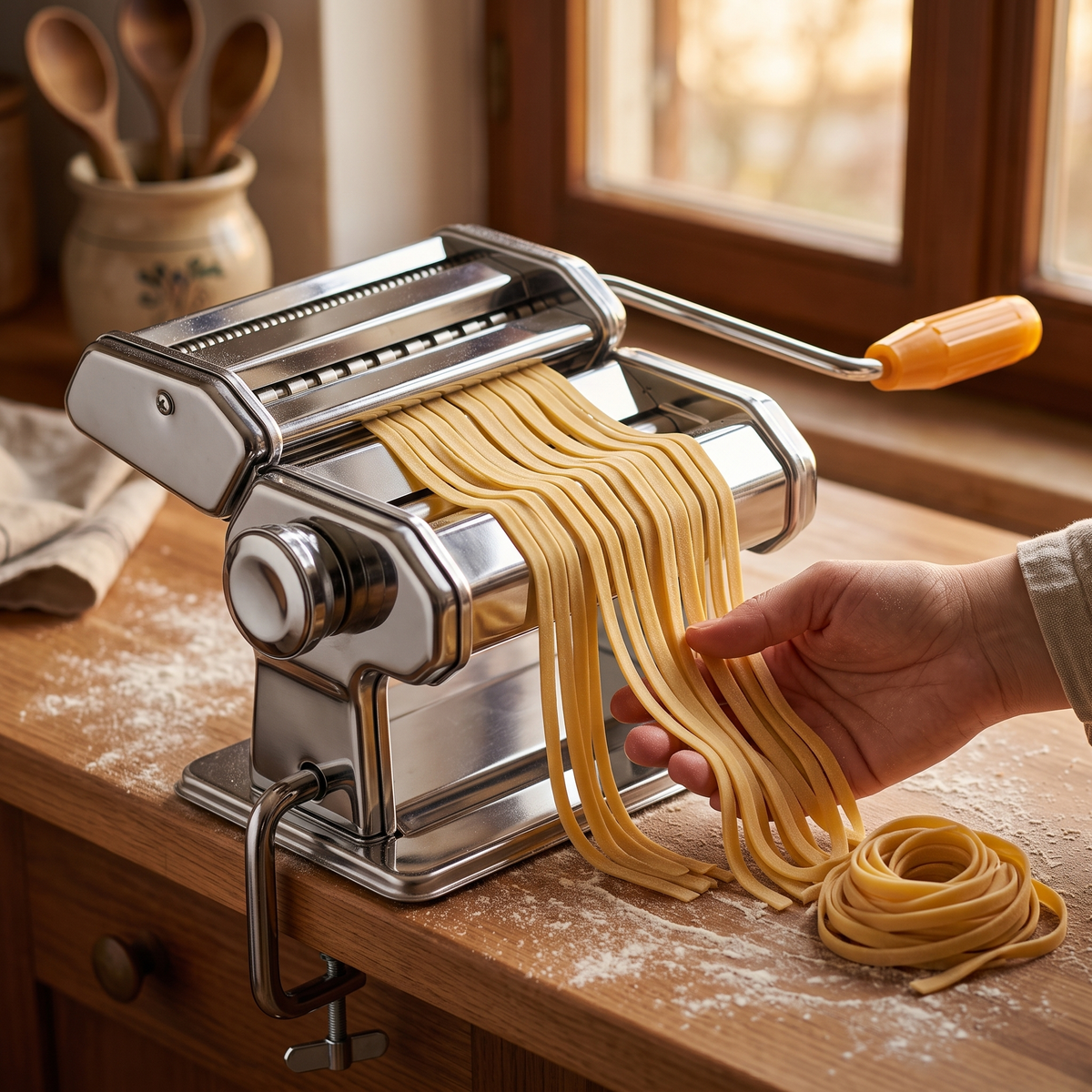 Mașină Manuală de Făcut Paste și Tăiței din Inox, 7 Trepte de Grosime, Lățime 150 mm, cu Fixare pe Masă, pentru Tagliatelle și Lasagna de Casă