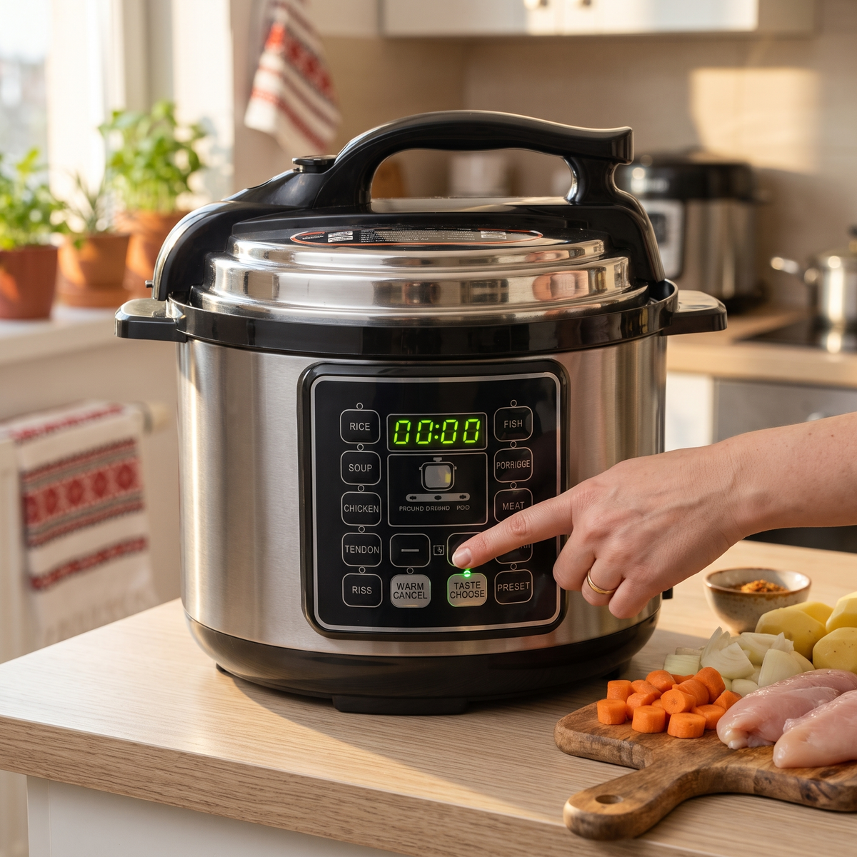 Oală sub Presiune Electrică 6 L, 900W, 12 Funcții, Afișaj LED, Programare 24 h, Vas Antiaderent