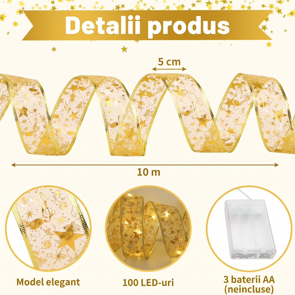 Panglică LED Xmas Deko Aurie, 100 LED-uri, 10 m, Lumină Caldă 2700K pe Baterii, pentru Brad de Crăciun