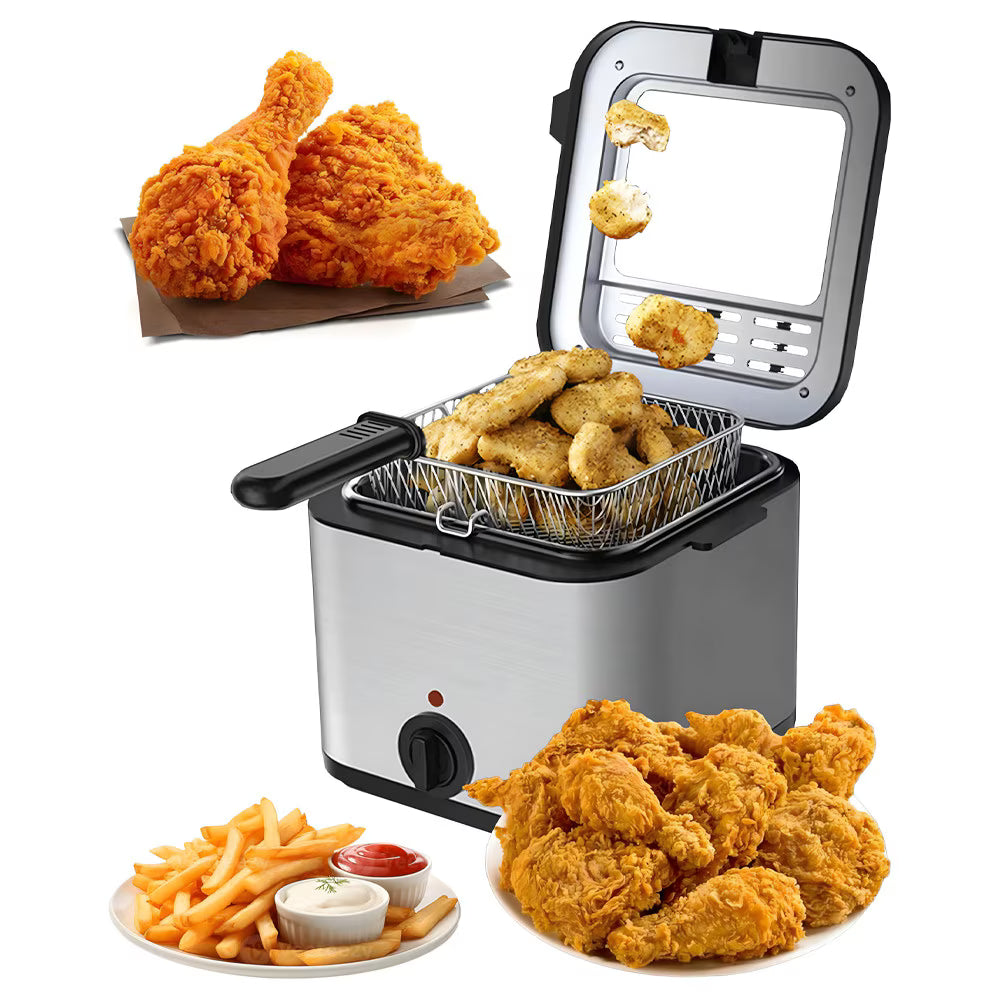 Friteuză Tradițională SonyMax cu Ulei 2,5 L, 1000W, Inox, Termostat Reglabil, pentru Cartofi Prăjiți și Gustări Crocante Acasă